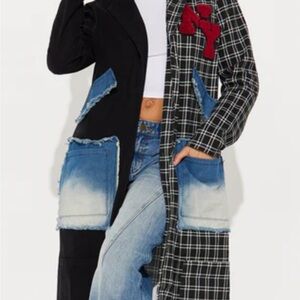 Fashion Nova Black and Blue Plaid Patchwork Coat